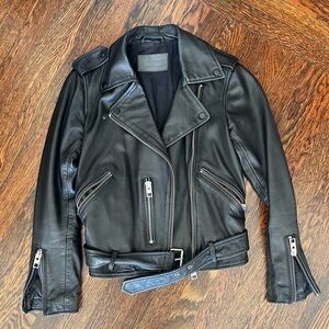 All Saints Black Leather Jacket with Zipper Accents